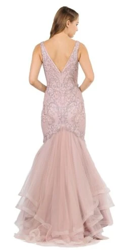 Poly USA | Ed Young 8320 V-Neck Long Mermaid Tiered Prom Dress(V Neck Long Mermaid Tiered Prom Dress Blue) -Discount Dress Shops 8320 poly usa mauve back