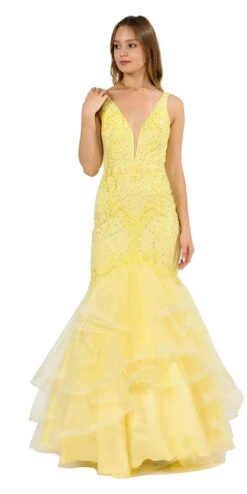 Poly USA | Ed Young 8320 V-Neck Long Mermaid Tiered Prom Dress(V Neck Long Mermaid Tiered Prom Dress Blue) -Discount Dress Shops 8320 poly usa yellow