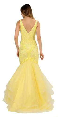 Poly USA | Ed Young 8320 V-Neck Long Mermaid Tiered Prom Dress(V Neck Long Mermaid Tiered Prom Dress Blue) -Discount Dress Shops 8320 poly usa yellow back