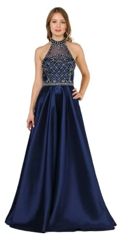 Poly USA | Ed Young 8344 High-Neck Beaded Long Prom Dress With Pockets(High Neck Beaded Long Prom Dress With Pockets Navy Blue)