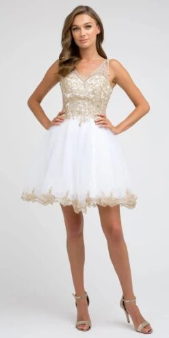Juliet 835 Short Tulle A-Line Dress Lace Applique Bodice(Short Tulle A Line White Gold Homecoming Dress Lace Applique Bodice) -Discount Dress Shops 835 juliet white gold 1709b28f 8c9b 4051 890b c524bf0c519f