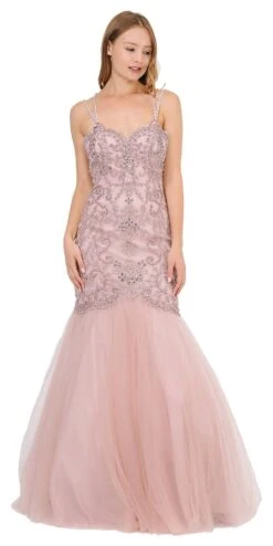 Poly USA | Ed Young 8352 Embroidered-Lace Mermaid Long Dress(Embroidered Lace Mermaid Long Prom Dress Mauve)