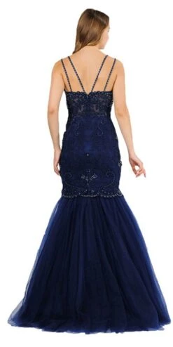 Poly USA | Ed Young 8352 Embroidered-Lace Mermaid Long Dress(Embroidered Lace Mermaid Long Prom Dress Mauve) -Discount Dress Shops 8352 poly usa navy blue back