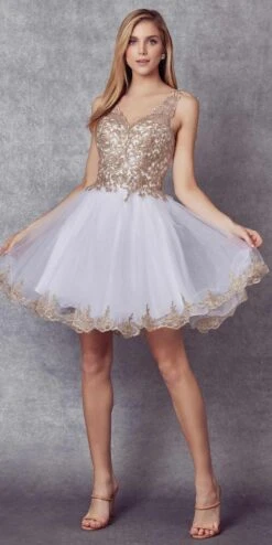 Juliet 835 Short Tulle A-Line Dress Lace Applique Bodice(Short Tulle A Line White Gold Homecoming Dress Lace Applique Bodice) -Discount Dress Shops 835 WhiteGold Front