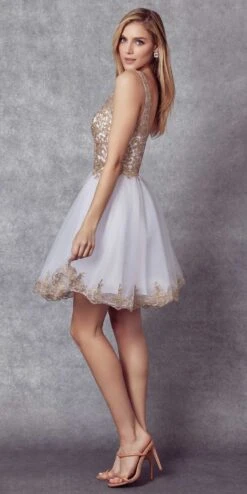 Juliet 835 Short Tulle A-Line Dress Lace Applique Bodice(Short Tulle A Line White Gold Homecoming Dress Lace Applique Bodice) -Discount Dress Shops 835 WhiteGold Side