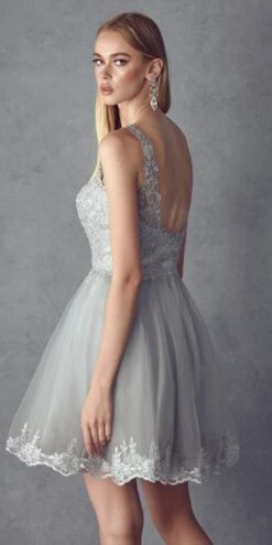 Juliet 835 Short Tulle A-Line Dress Lace Applique Bodice(Short Tulle A Line White Gold Homecoming Dress Lace Applique Bodice) -Discount Dress Shops 835 juliet silver back