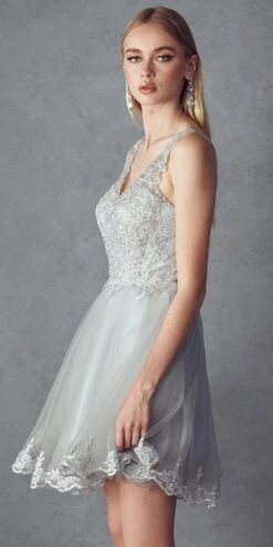 Juliet 835 Short Tulle A-Line Dress Lace Applique Bodice(Short Tulle A Line White Gold Homecoming Dress Lace Applique Bodice) -Discount Dress Shops 835 juliet silver side
