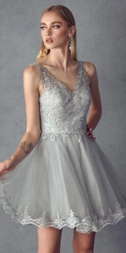 Juliet 835 Short Tulle A-Line Dress Lace Applique Bodice(Short Tulle A Line White Gold Homecoming Dress Lace Applique Bodice) -Discount Dress Shops 835 juliet silver zoom