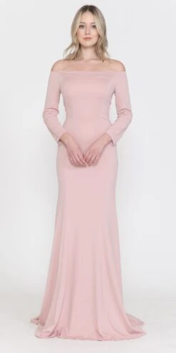 Poly USA | Ed Young 8378 Off-Shoulder Long Dress With Long Sleeves(Red Off Shoulder Long Formal Dress With Long Sleeves)