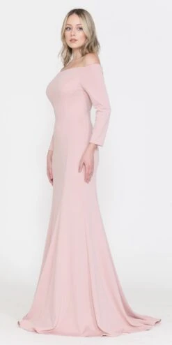 Poly USA | Ed Young 8378 Off-Shoulder Long Dress With Long Sleeves(Red Off Shoulder Long Formal Dress With Long Sleeves) -Discount Dress Shops 8378 poly usa dusty rose side