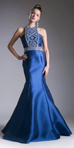 Cinderella Divine 83789 Halter Mermaid Mikado Gown Waist Cut Outs(Halter Mermaid Mikado Gown Navy Blue Waist Cut Outs)