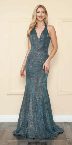 Poly USA | Ed Young 8384 Fitted Long Halter V-Neck Evening Dress(Black Silver Halter V Neck Long Prom Dress)