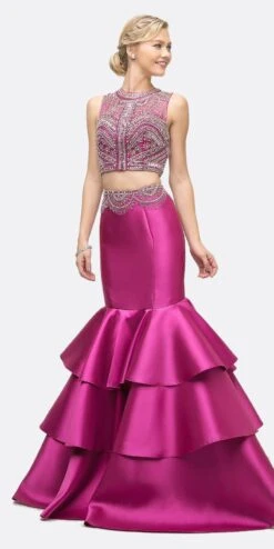 Cinderella Divine 83903 Beaded Bodice 2 Piece Mermaid Gown Layered Skirt(Beaded Bodice 2 Piece Black Mermaid Gown Layered Skirt) -Discount Dress Shops 83903 cinderella divine fuchsia