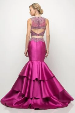 Cinderella Divine 83903 Beaded Bodice 2 Piece Mermaid Gown Layered Skirt(Beaded Bodice 2 Piece Black Mermaid Gown Layered Skirt) -Discount Dress Shops 83903 cinderella divine fuchsia back 1600x2400 1