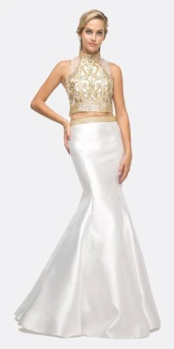 Cinderella Divine 84016 Beaded Bodice 2 Piece Mermaid Gown T-Back(Beaded Bodice 2 Piece Mermaid Gown White T Back)