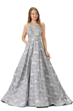Poly USA | Ed Young 8402 Sheer Cut-Out Bodice Long A-Line Prom Dress With Pockets(Sheer Cut Out Bodice Long Prom Dress With Pockets Silver)