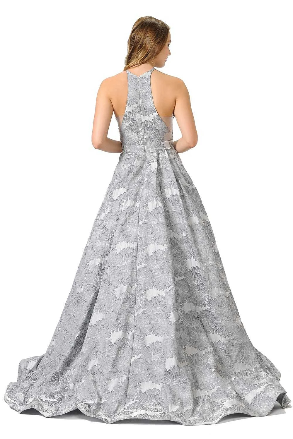 Poly USA | Ed Young 8402 Sheer Cut-Out Bodice Long A-Line Prom Dress With Pockets(Sheer Cut Out Bodice Long Prom Dress With Pockets Silver) 2 Poly USA | Ed Young 8402 Sheer Cut-Out Bodice Long A-Line Prom Dress With Pockets(Sheer Cut Out Bodice Long Prom Dress With Pockets Silver) - Image 2