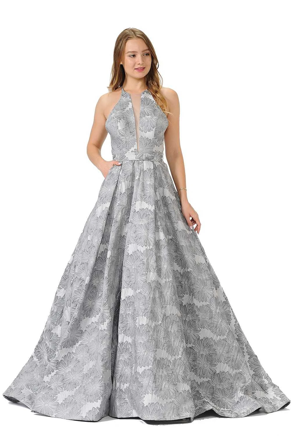 Poly USA | Ed Young 8402 Sheer Cut-Out Bodice Long A-Line Prom Dress With Pockets(Sheer Cut Out Bodice Long Prom Dress With Pockets Silver) 1 Poly USA | Ed Young 8402 Sheer Cut-Out Bodice Long A-Line Prom Dress With Pockets(Sheer Cut Out Bodice Long Prom Dress With Pockets Silver)