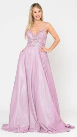 Poly USA | Ed Young 8414 Embellished Long Prom Dress With Pockets(Embellished Rose Gold Long Prom Dress With Pockets) -Discount Dress Shops 8414 poly usa pink silver pockets