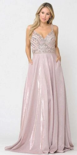Poly USA | Ed Young 8414 Embellished Long Prom Dress With Pockets(Embellished Rose Gold Long Prom Dress With Pockets)