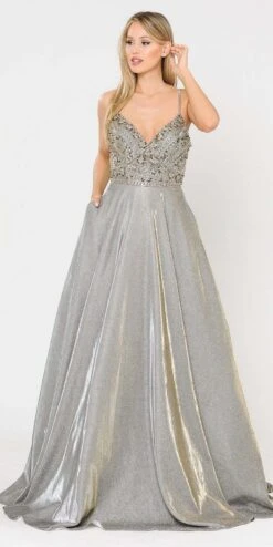 Poly USA | Ed Young 8414 Embellished Long Prom Dress With Pockets(Embellished Rose Gold Long Prom Dress With Pockets) -Discount Dress Shops 8414 poly usa silver gold