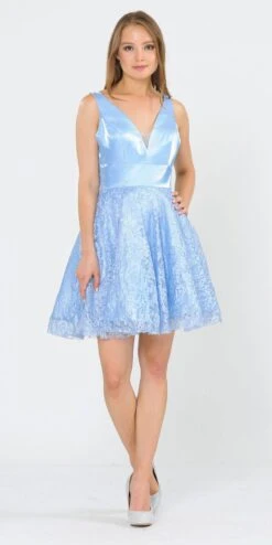 Poly USA | Ed Young 8418 V-Neck Short Dress With Pockets(Baby Blue V Neck Short Homecoming Dress With Pockets)