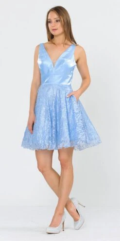 Poly USA | Ed Young 8418 V-Neck Short Dress With Pockets(Baby Blue V Neck Short Homecoming Dress With Pockets) -Discount Dress Shops 8418 poly usa blue side