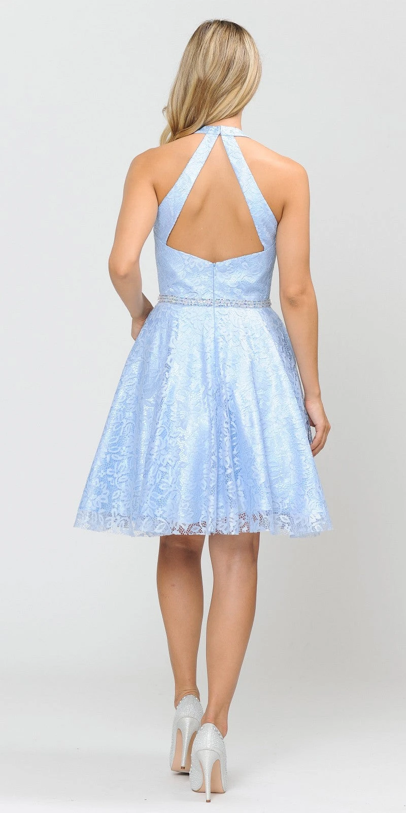 Poly USA | Ed Young 8428 Halter V-Neck Lace Short Dress(Halter V Neck Lace Homecoming Short Dress Baby Blue) 2 Poly USA | Ed Young 8428 Halter V-Neck Lace Short Dress(Halter V Neck Lace Homecoming Short Dress Baby Blue) - Image 2