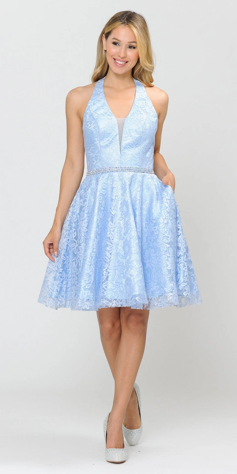 Poly USA | Ed Young 8428 Halter V-Neck Lace Short Dress(Halter V Neck Lace Homecoming Short Dress Baby Blue) 1 Poly USA | Ed Young 8428 Halter V-Neck Lace Short Dress(Halter V Neck Lace Homecoming Short Dress Baby Blue)