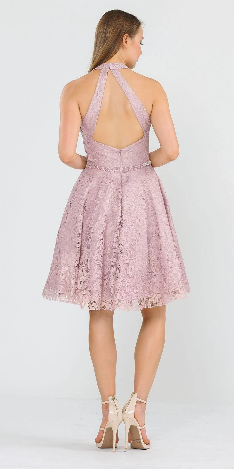 Poly USA | Ed Young 8428 Halter V-Neck Lace Short Dress(Halter V Neck Lace Homecoming Short Dress Baby Blue) 4 Poly USA | Ed Young 8428 Halter V-Neck Lace Short Dress(Halter V Neck Lace Homecoming Short Dress Baby Blue) - Image 4