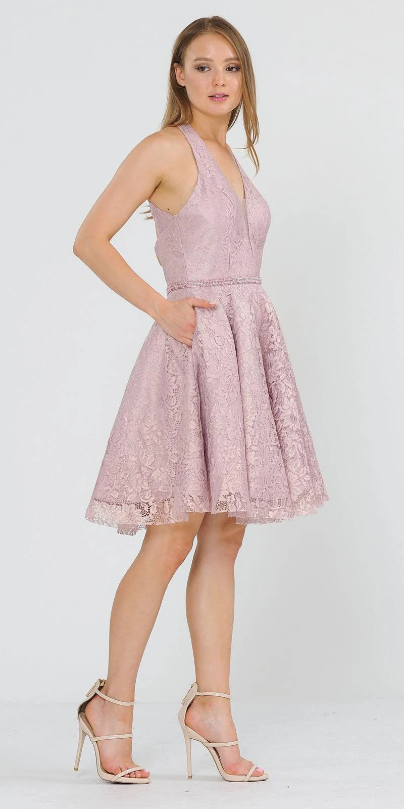 Poly USA | Ed Young 8428 Halter V-Neck Lace Short Dress(Halter V Neck Lace Homecoming Short Dress Baby Blue) 5 Poly USA | Ed Young 8428 Halter V-Neck Lace Short Dress(Halter V Neck Lace Homecoming Short Dress Baby Blue) - Image 5