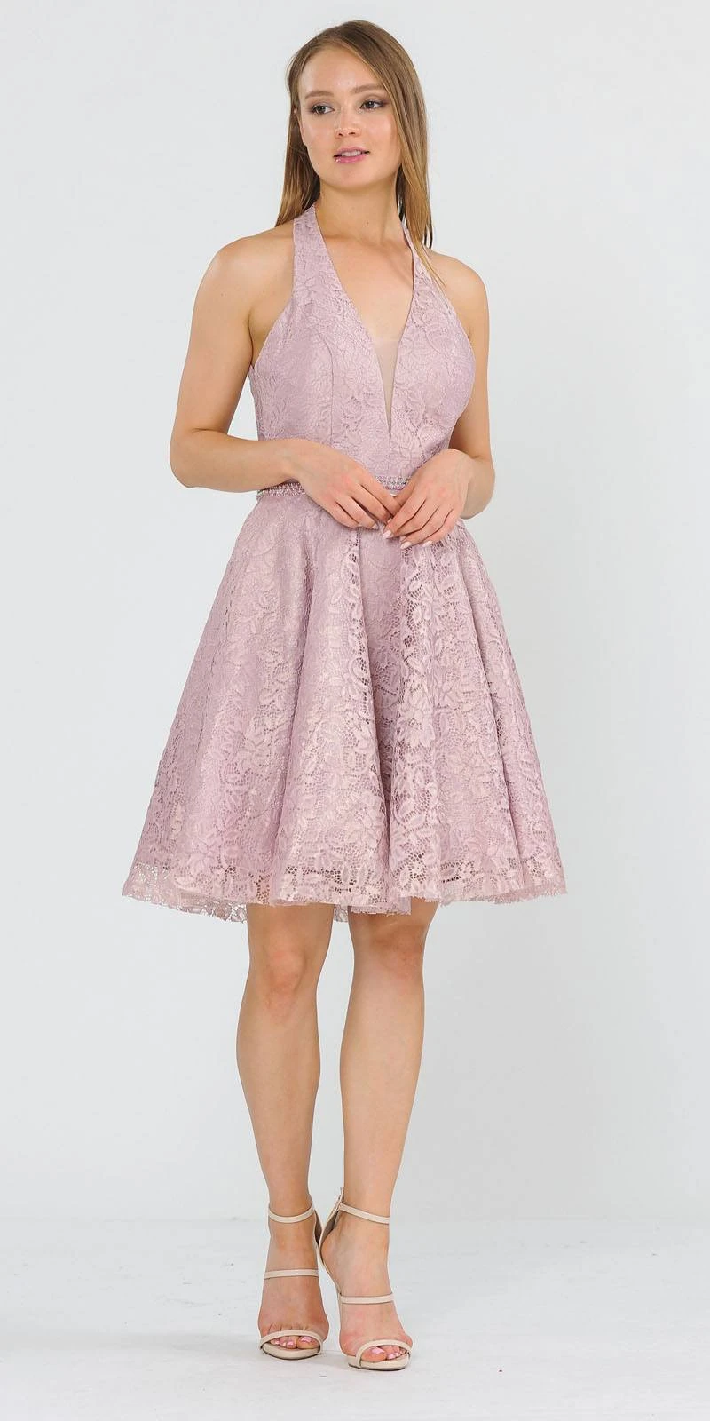 Poly USA | Ed Young 8428 Halter V-Neck Lace Short Dress(Halter V Neck Lace Homecoming Short Dress Baby Blue) 3 Poly USA | Ed Young 8428 Halter V-Neck Lace Short Dress(Halter V Neck Lace Homecoming Short Dress Baby Blue) - Image 3