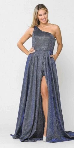 Poly USA | Ed Young 8430 Glitter Knit One-Shoulder Long Dress Pocket(Royal Blue One Shoulder Long Prom Dress With Pockets)