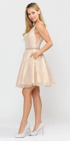 Poly USA | Ed Young 8504 A-Line Short Glitter Lace Dress With Pockets(V Neck And Back Magenta Pink Homecoming Short Dress With Pockets) -Discount Dress Shops 8504 poly usa champagne 20d93c97 94f5 4807 8731 9e5737e84967