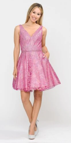 Poly USA | Ed Young 8504 A-Line Short Glitter Lace Dress With Pockets(V Neck And Back Magenta Pink Homecoming Short Dress With Pockets)