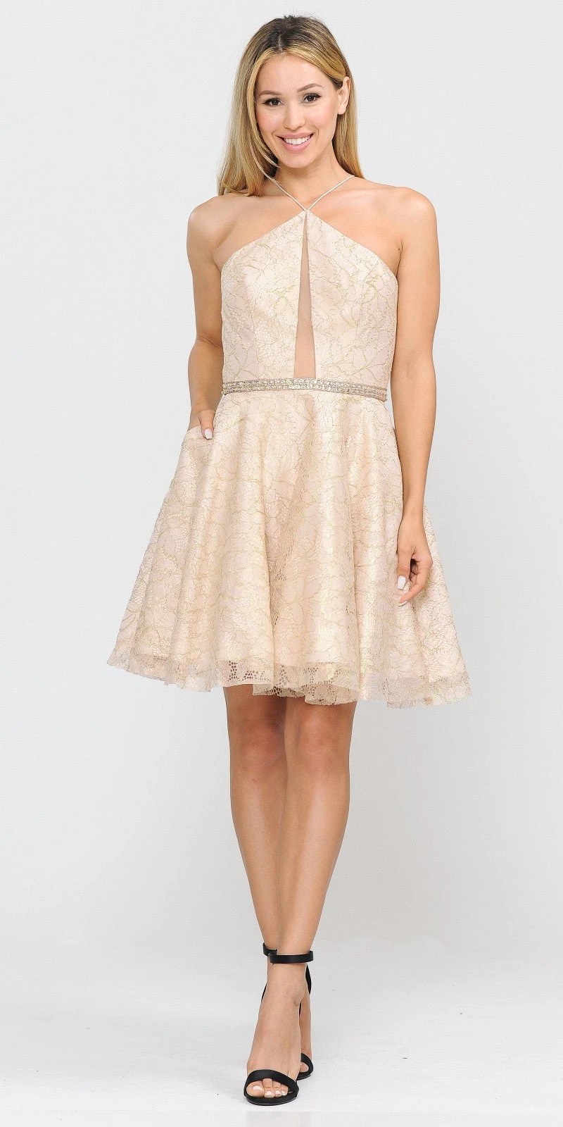 Poly USA | Ed Young 8506 Short Spaghetti Halter A-Line Lace Dress Cut-Out Back(Short Halter Homecoming Dress Cut Out Back Champagne) 1 Poly USA | Ed Young 8506 Short Spaghetti Halter A-Line Lace Dress Cut-Out Back(Short Halter Homecoming Dress Cut Out Back Champagne)