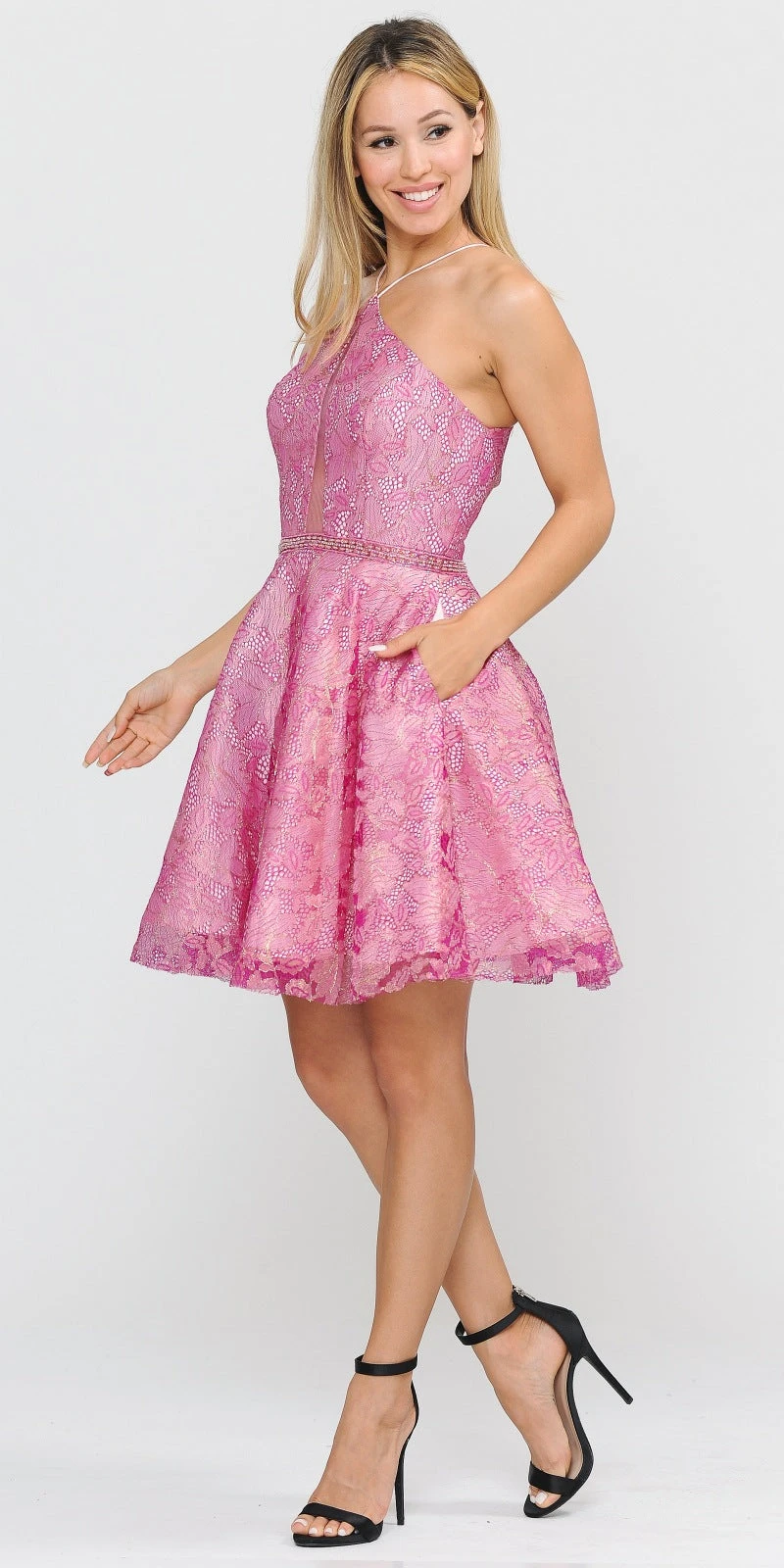 Poly USA | Ed Young 8506 Short Spaghetti Halter A-Line Lace Dress Cut-Out Back(Short Halter Homecoming Dress Cut Out Back Champagne) 5 Poly USA | Ed Young 8506 Short Spaghetti Halter A-Line Lace Dress Cut-Out Back(Short Halter Homecoming Dress Cut Out Back Champagne) - Image 5