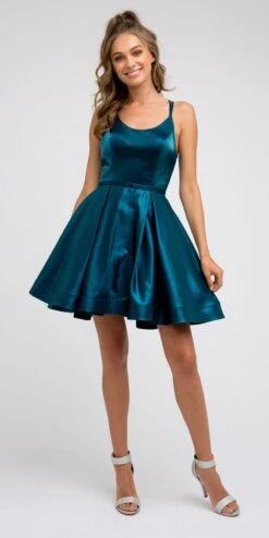 CLEARANCE - Juliet 852 Caged-Back Homecoming Short Dress With Pockets (Size Small)(Caged Back Homecoming Short Dress Peacock With Pockets)