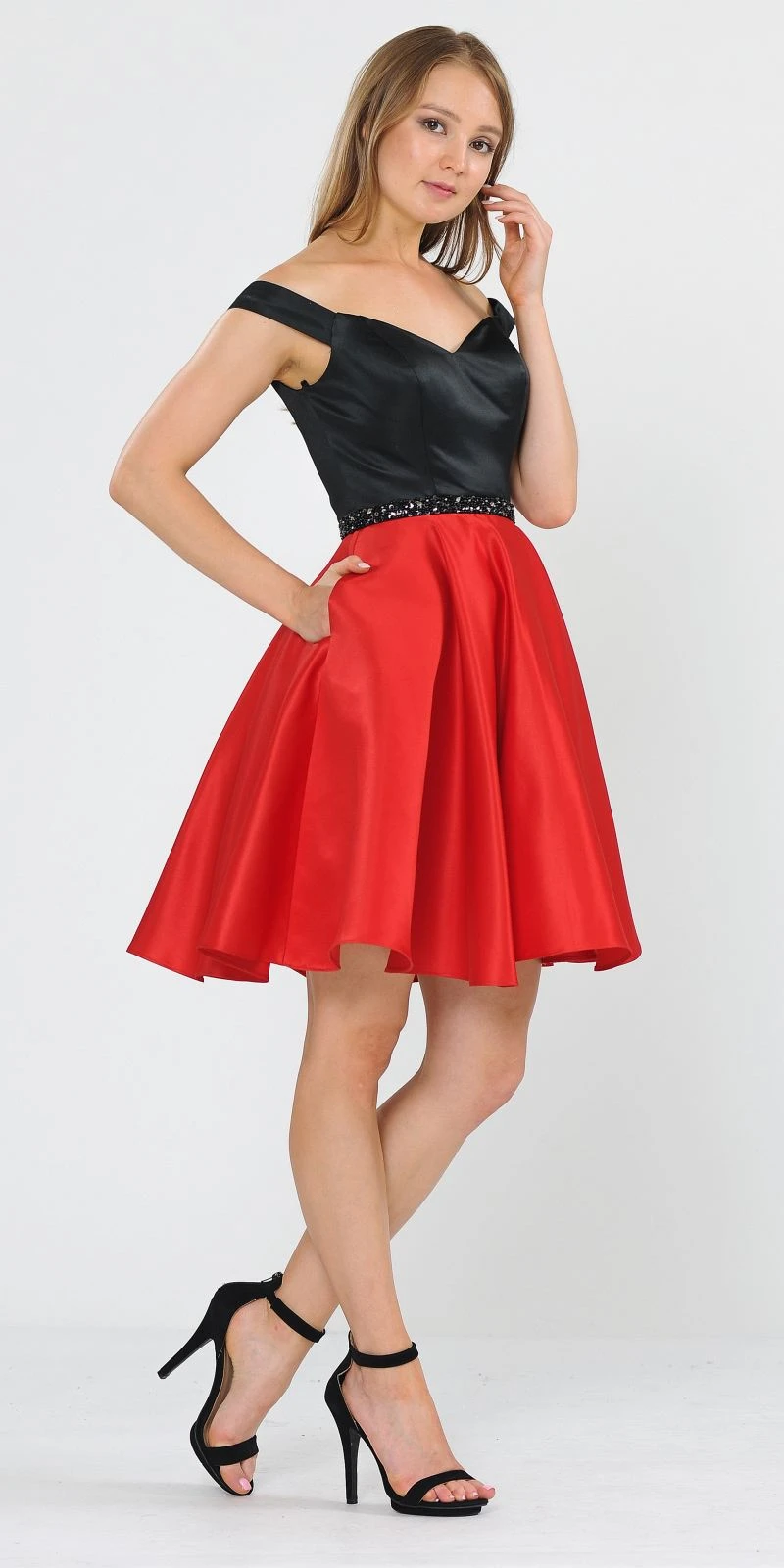 Poly USA | Ed Young 8532 Off-Shoulder Homecoming Short Dress(Black Red Off Shoulder Homecoming Short Dress) 3 Poly USA | Ed Young 8532 Off-Shoulder Homecoming Short Dress(Black Red Off Shoulder Homecoming Short Dress) - Image 3