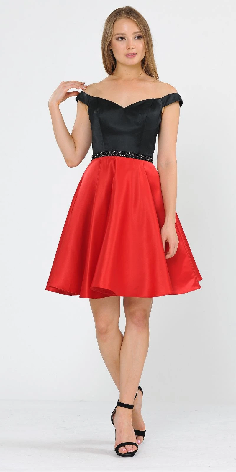Poly USA | Ed Young 8532 Off-Shoulder Homecoming Short Dress(Black Red Off Shoulder Homecoming Short Dress) 1 Poly USA | Ed Young 8532 Off-Shoulder Homecoming Short Dress(Black Red Off Shoulder Homecoming Short Dress)
