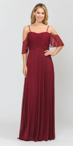 Poly USA | Ed Young 8552 A-Line Cold-Shoulder Long Formal Dress(A Line Cold Shoulder Long Formal Dress Burgundy)