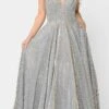 Poly USA | Ed Young 8556 Criss-Cross Back Long Glitter Prom Dress With Pockets(Silver Gold Criss Cross Back Long Prom Dress With Pockets)