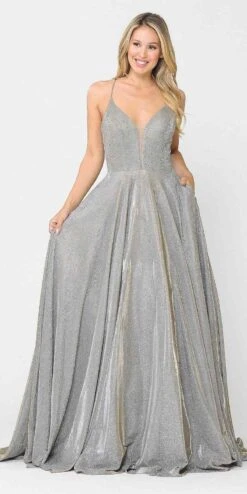 Poly USA | Ed Young 8556 Criss-Cross Back Long Glitter Prom Dress With Pockets(Silver Gold Criss Cross Back Long Prom Dress With Pockets)
