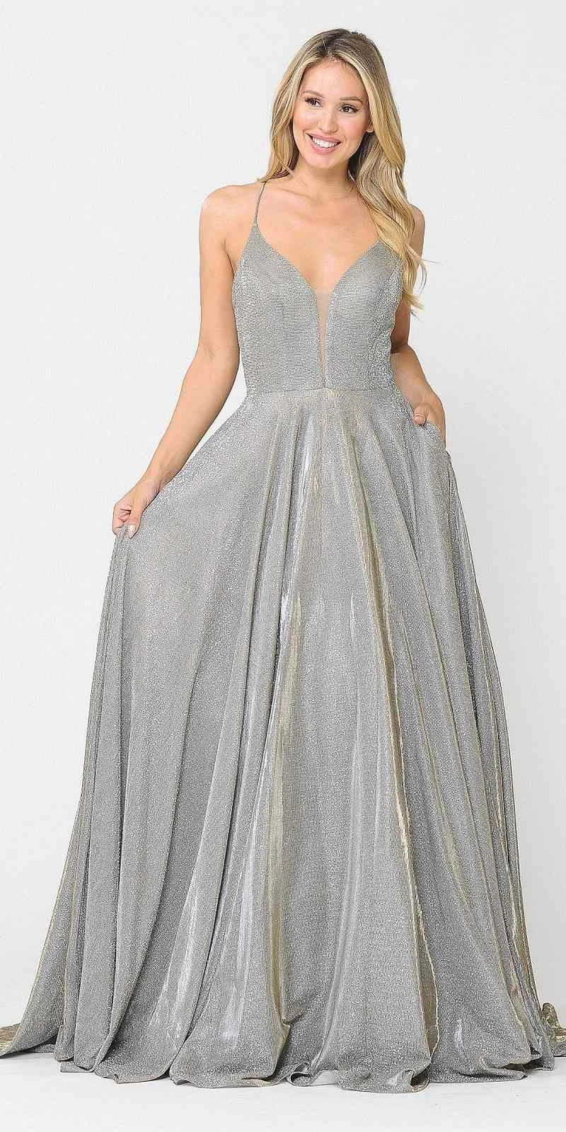 Poly USA | Ed Young 8556 Criss-Cross Back Long Glitter Prom Dress With Pockets(Silver Gold Criss Cross Back Long Prom Dress With Pockets) 1 Poly USA | Ed Young 8556 Criss-Cross Back Long Glitter Prom Dress With Pockets(Silver Gold Criss Cross Back Long Prom Dress With Pockets)