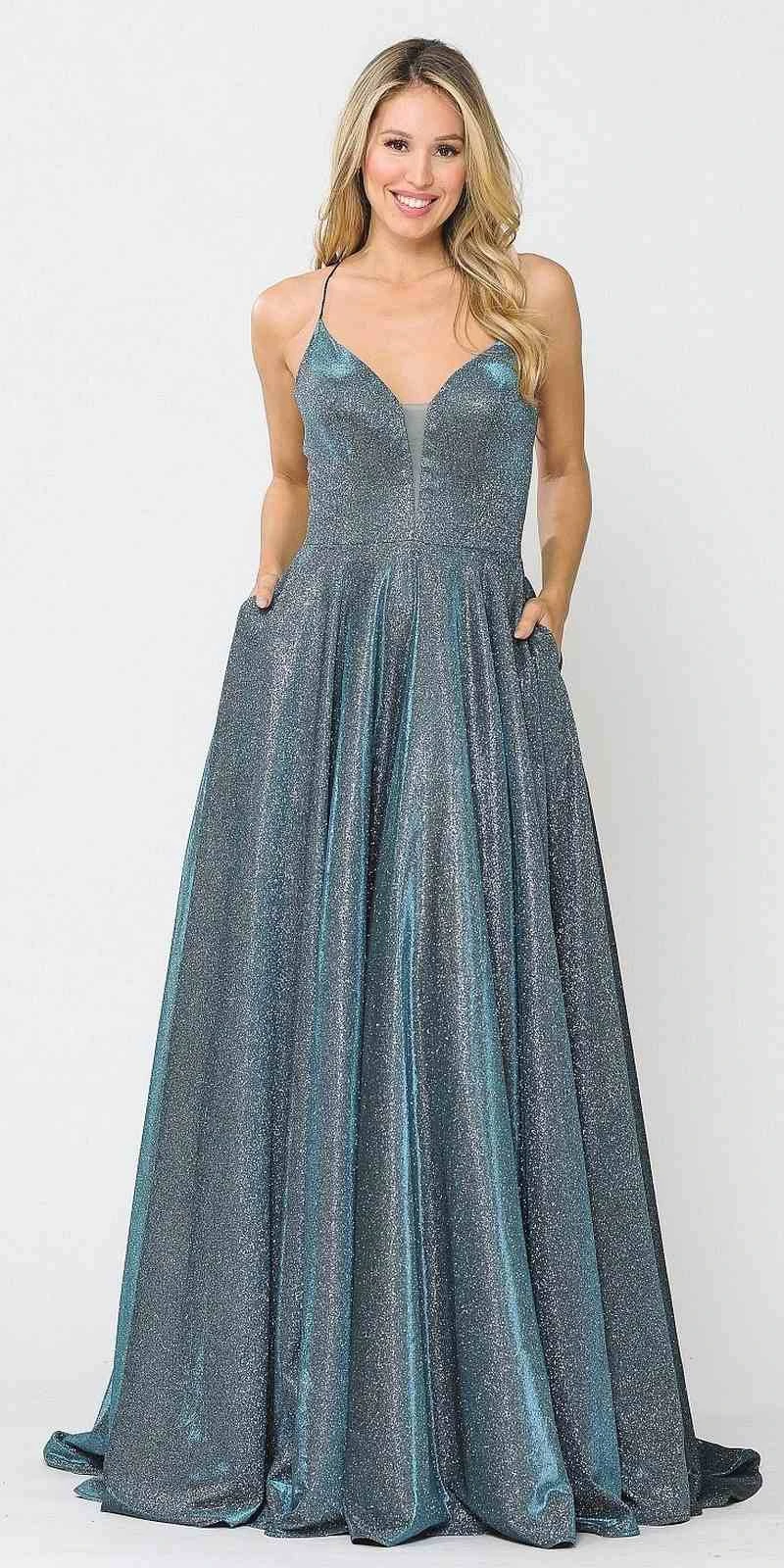 Poly USA | Ed Young 8556 Criss-Cross Back Long Glitter Prom Dress With Pockets(Silver Gold Criss Cross Back Long Prom Dress With Pockets) 4 Poly USA | Ed Young 8556 Criss-Cross Back Long Glitter Prom Dress With Pockets(Silver Gold Criss Cross Back Long Prom Dress With Pockets) - Image 4