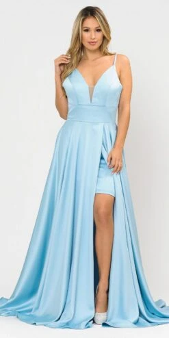 Poly USA | Ed Young 8606 V-Neck Long Romper Prom Satin Dress With Pockets(V Neck Long Romper Prom Dress With Pockets Blue)