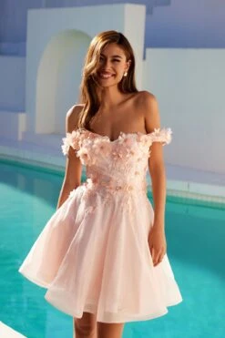 Juliet 861 Floral Embroidered Glitter Mesh Short A-Line Dress(Floral Embroidered Glitter Mesh Short A Line Dress) -Discount Dress Shops 861BLUSH3396