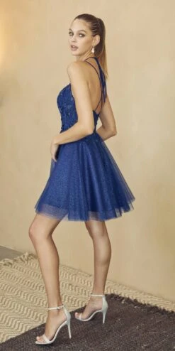 Juliet 864 Leaf Lace Embroidered Bodice Glitter Tulle Dress(Juliet 864 Leaf Lace Embroidered Bodice Glitter Tulle Dress) -Discount Dress Shops 864 navy side