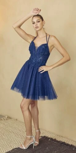 Juliet 864 Leaf Lace Embroidered Bodice Glitter Tulle Dress(Juliet 864 Leaf Lace Embroidered Bodice Glitter Tulle Dress) -Discount Dress Shops 864 navy2