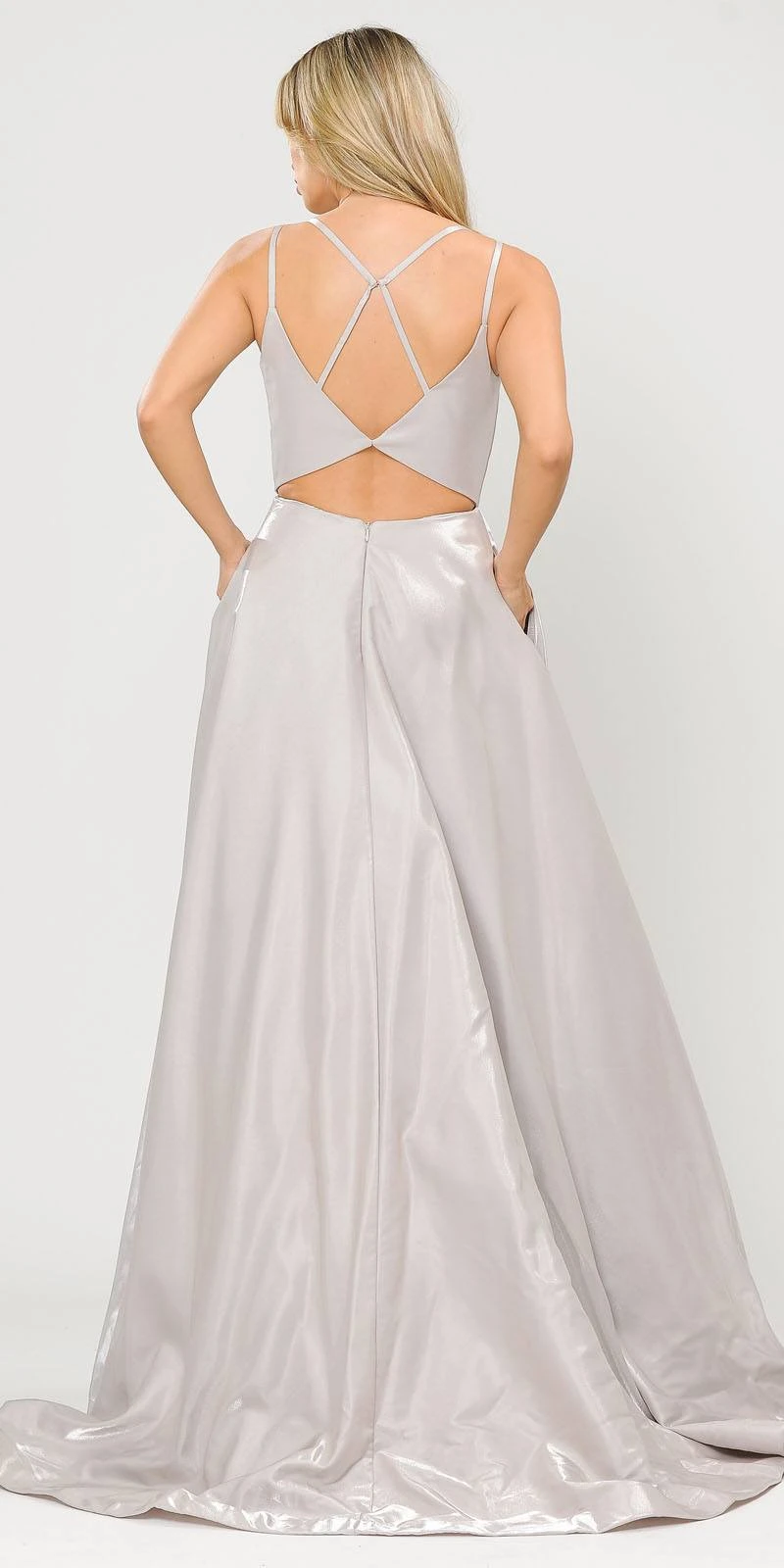 Poly USA | Ed Young 8644 Open-Back Long Prom Dress A-Line With Pockets(Stylish Open Back Long Prom Dress Silver With Pockets) 2 Poly USA | Ed Young 8644 Open-Back Long Prom Dress A-Line With Pockets(Stylish Open Back Long Prom Dress Silver With Pockets) - Image 2